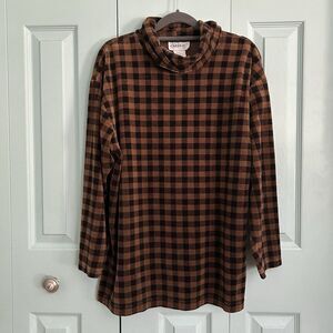 Carreau Womens Velvet Checkered Turtleneck Top Large Y2K Brown Black